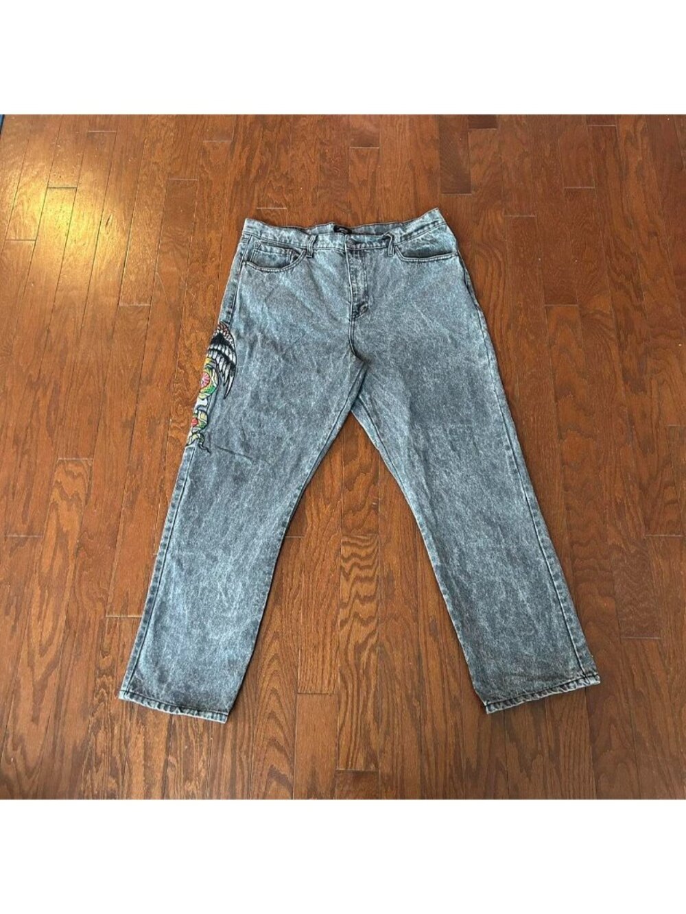 Ed Hardy Grey Acid Wash Embroidered Jeans Skull Eagle Y2K Size 38